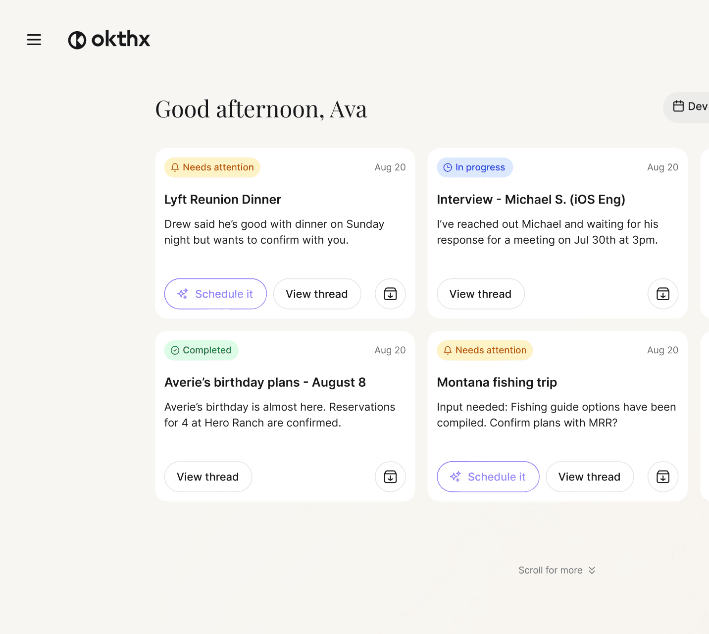Okthx home dashboard showing task reminders and updates