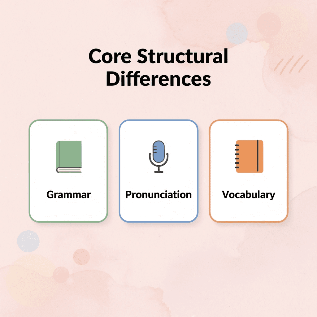 Three cards showing grammar, pronunciation, and vocabulary differences