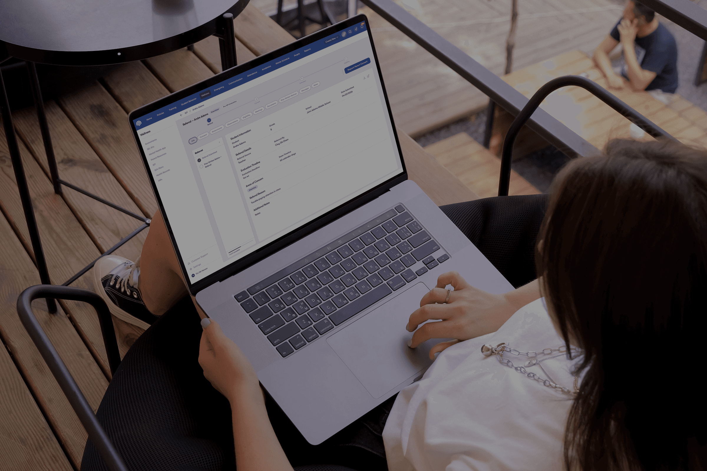 Image of a mockup of Impact Suite software dashboard. It shows the user the number of concerns and cases, it shows a concerns timeline, it lists the top students who need personal care, and it gives details into who has/has not compnleted safety trainings and policy acknowledgements.
