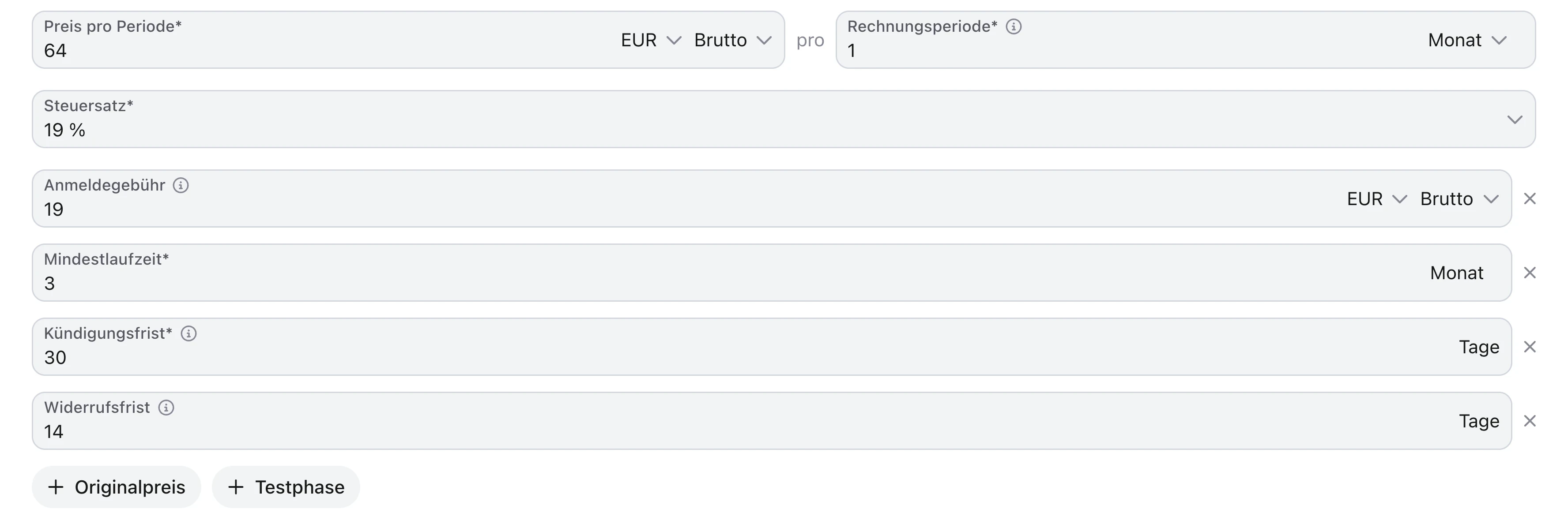 Abo-Einstellungen in anny: Preis pro Monat, Steuersatz, Anmeldegebühr, Mindestlaufzeit, Kündigungs- und Widerrufsfrist