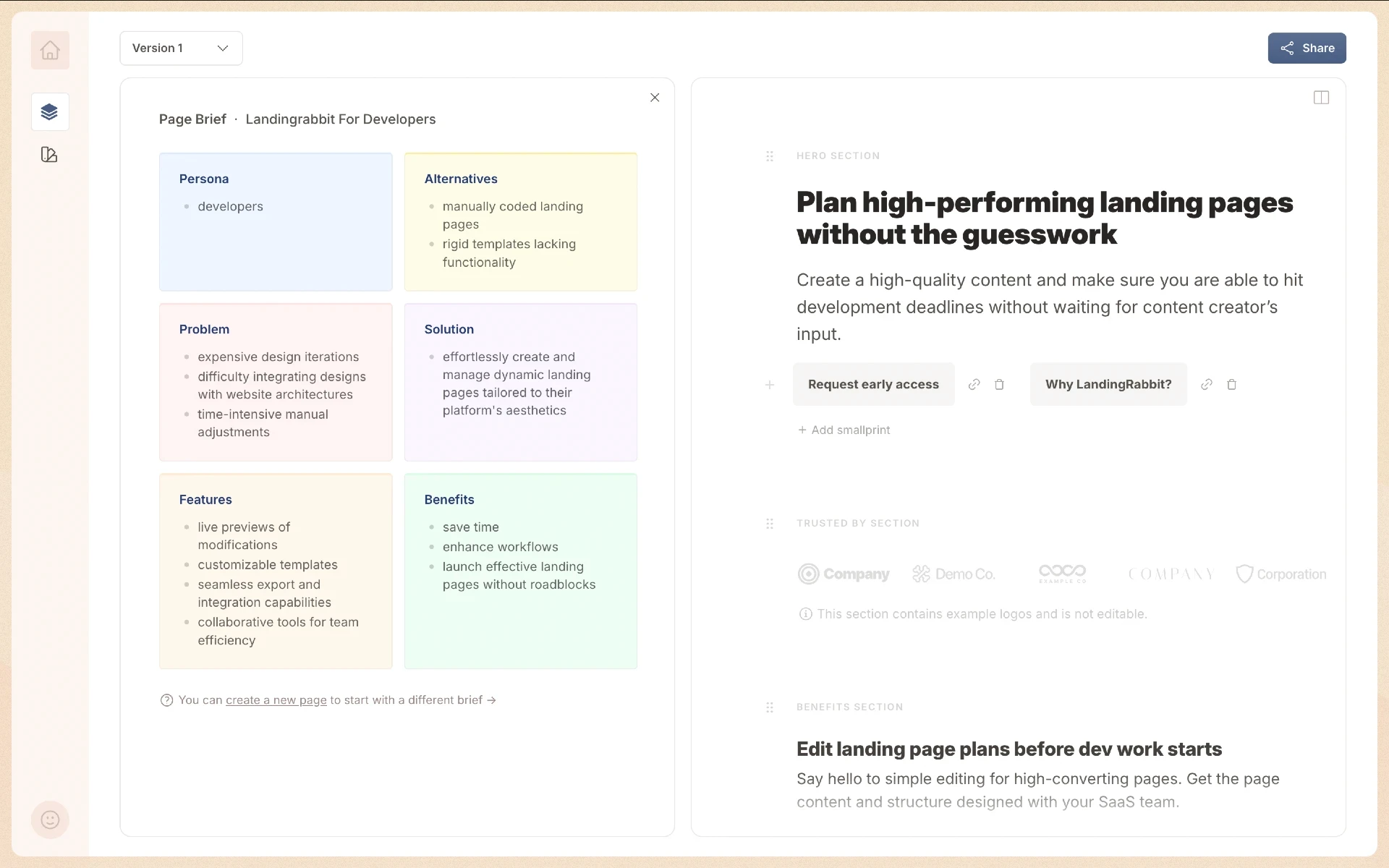 SaaS landing page structure matching the page plan