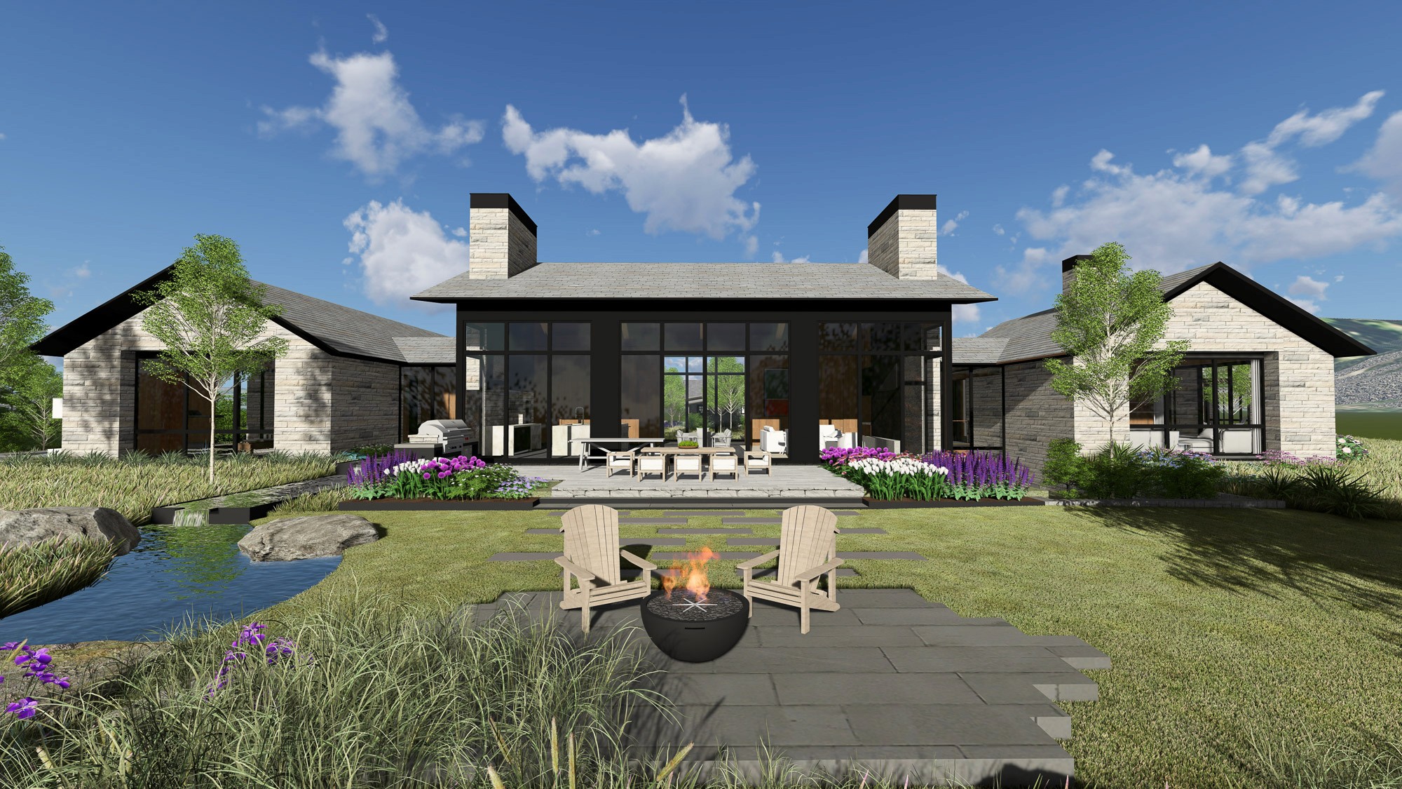 Architectural rendering of a modern house backyard with a patio, two chairs around a fire pit, a pond, and landscaped garden.