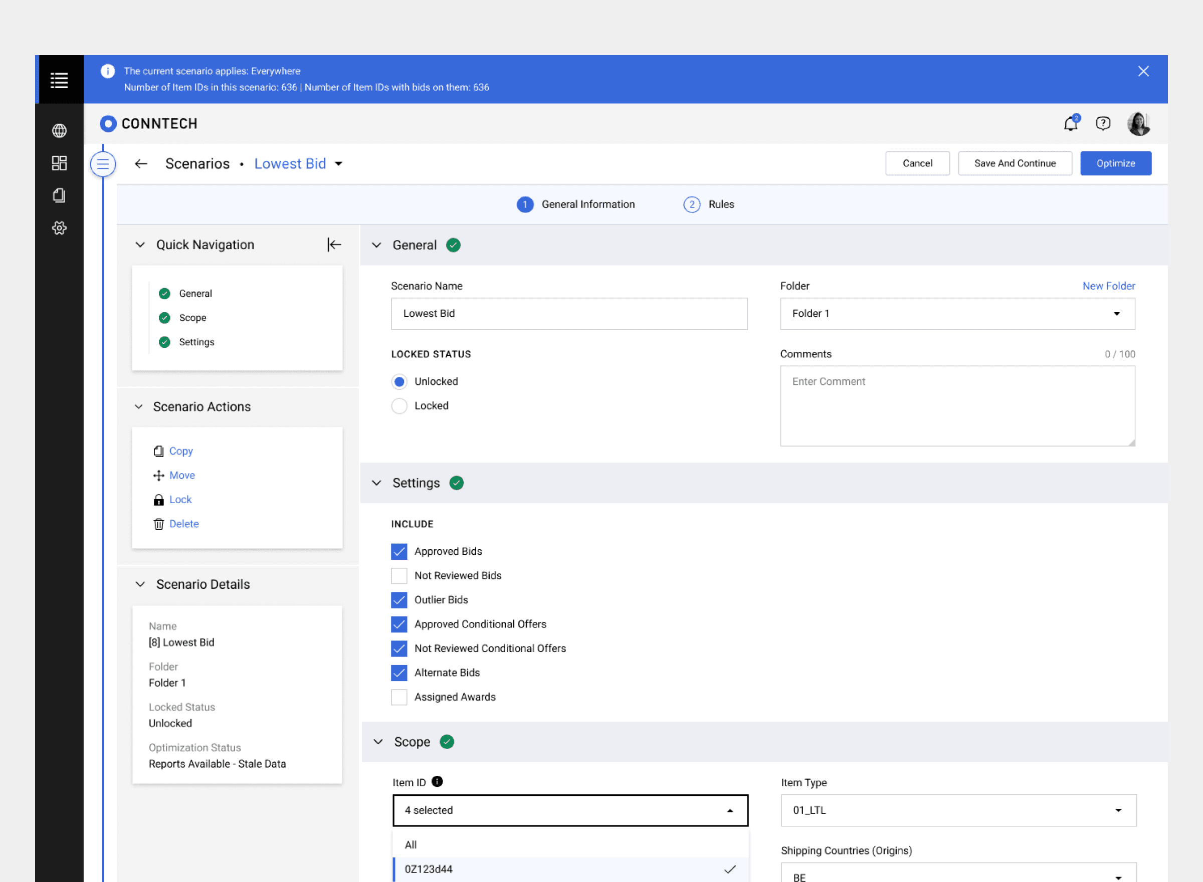 CONNTECH Lowest Bid scenario configuration screen showing Quick Navigation panel (General, Scope, Settings), Scenario Actions (Copy, Move, Lock, Delete), Scenario Details sidebar with optimization status "Reports Available - Stale Data", and main form with locked status toggle, bid inclusion settings (Approved Bids, Outlier Bids, Alternate Bids checked), and scope filtered to 4 Item IDs of type 01_LTL