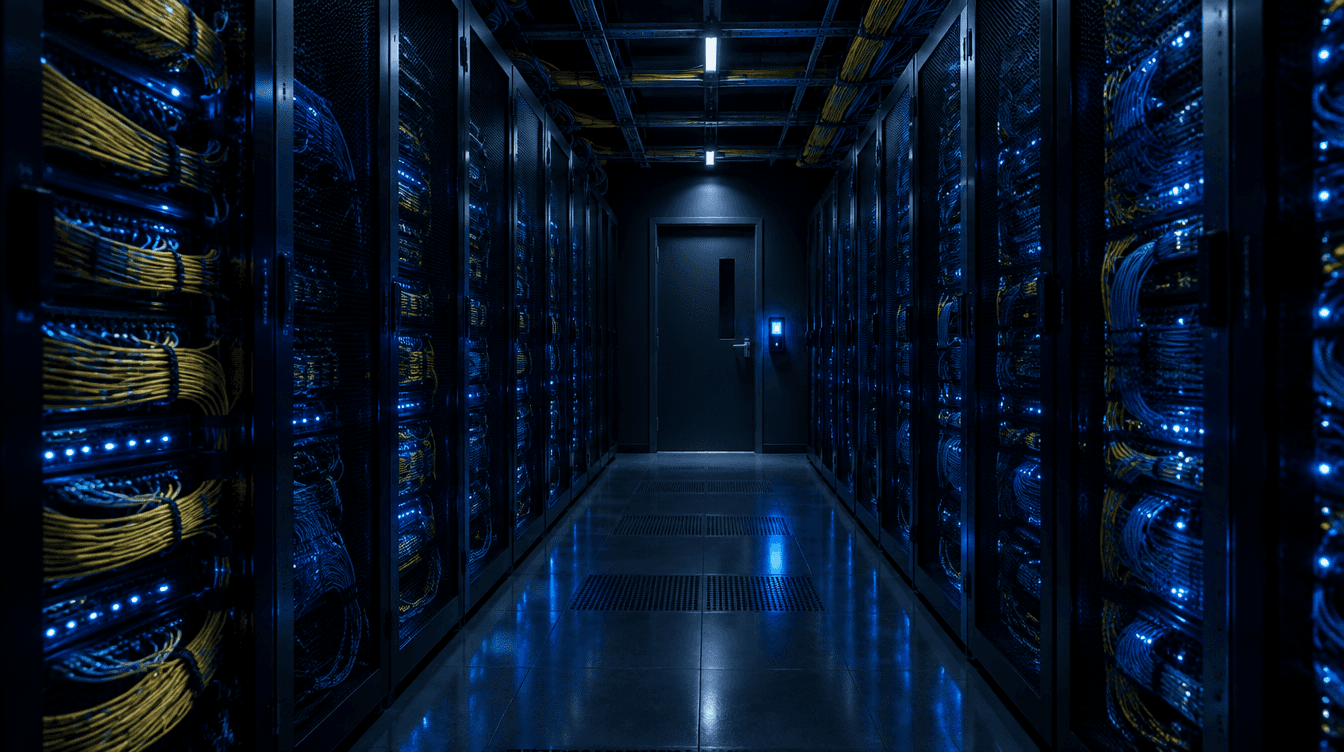 Telecom server aisle with a restricted-access door and glowing card reader