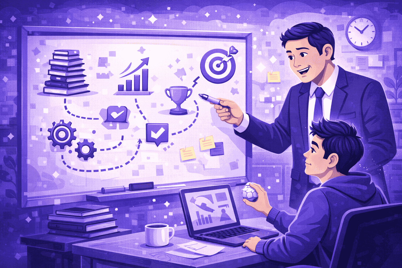 Leader presenting a clear plan to an employee, showing how his skills and potential will be better utilized at work