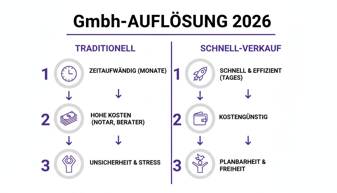 Vergleich der GmbH-Auflösung 2026: Traditionell versus Schnell-Verkauf, zeigt Zeit, Kosten und Sicherheit.