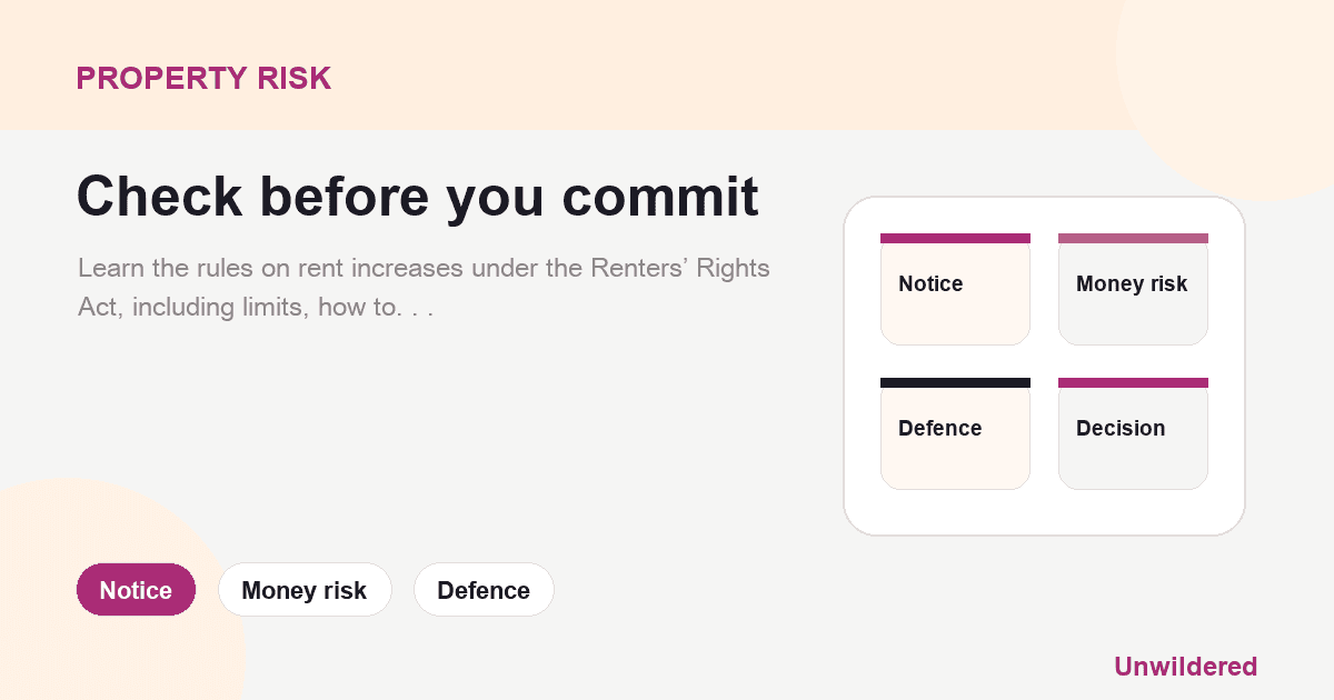 Explainer card for What is the Highest Percentage a Landlord Can Raise Rent? Your Rights Under the Renters’ Rights Act: Notice, Money risk, Defence.