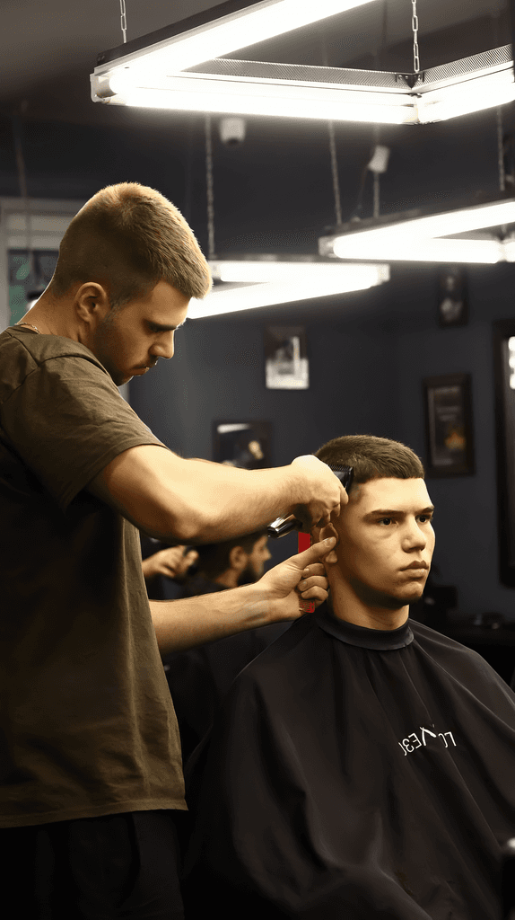 A barber styles a man’s hair in a dimly lit barbershop mirror, focused on his work.