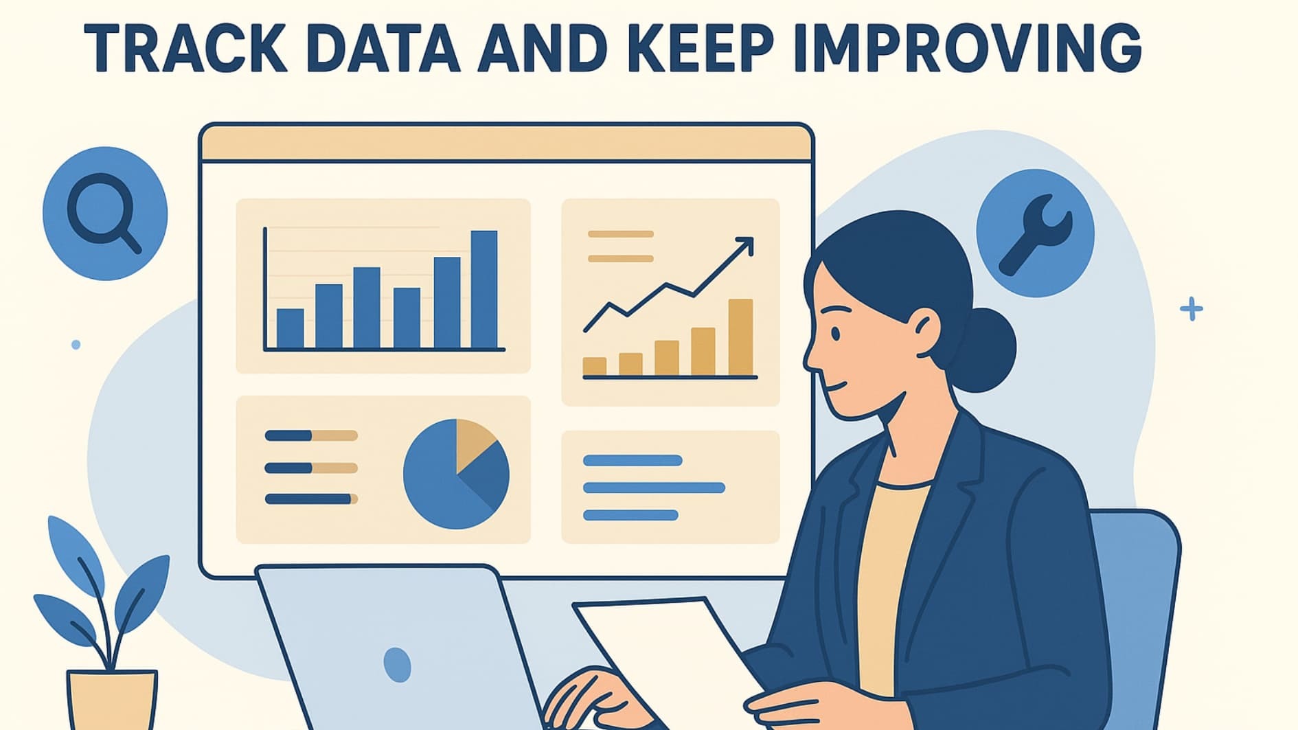 Illustration showing tracking data and improving processes for optimizing agency lead generation.