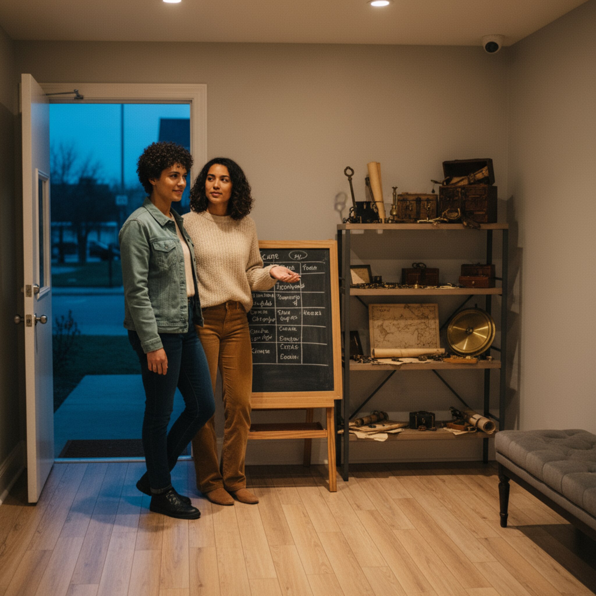 In der Lobby steht eine Staffelei mit handgeschriebenen Spielzeiten neben einem Regal voller thematischer Requisiten. Ein Paar diskutiert leise und zeigt auf den Namen eines Raums. Warme Deckenleuchten schaffen klare Zonen. Die Eingangstür lässt kühle Abendluft herein, spürbare Vorfreude liegt in der Luft.