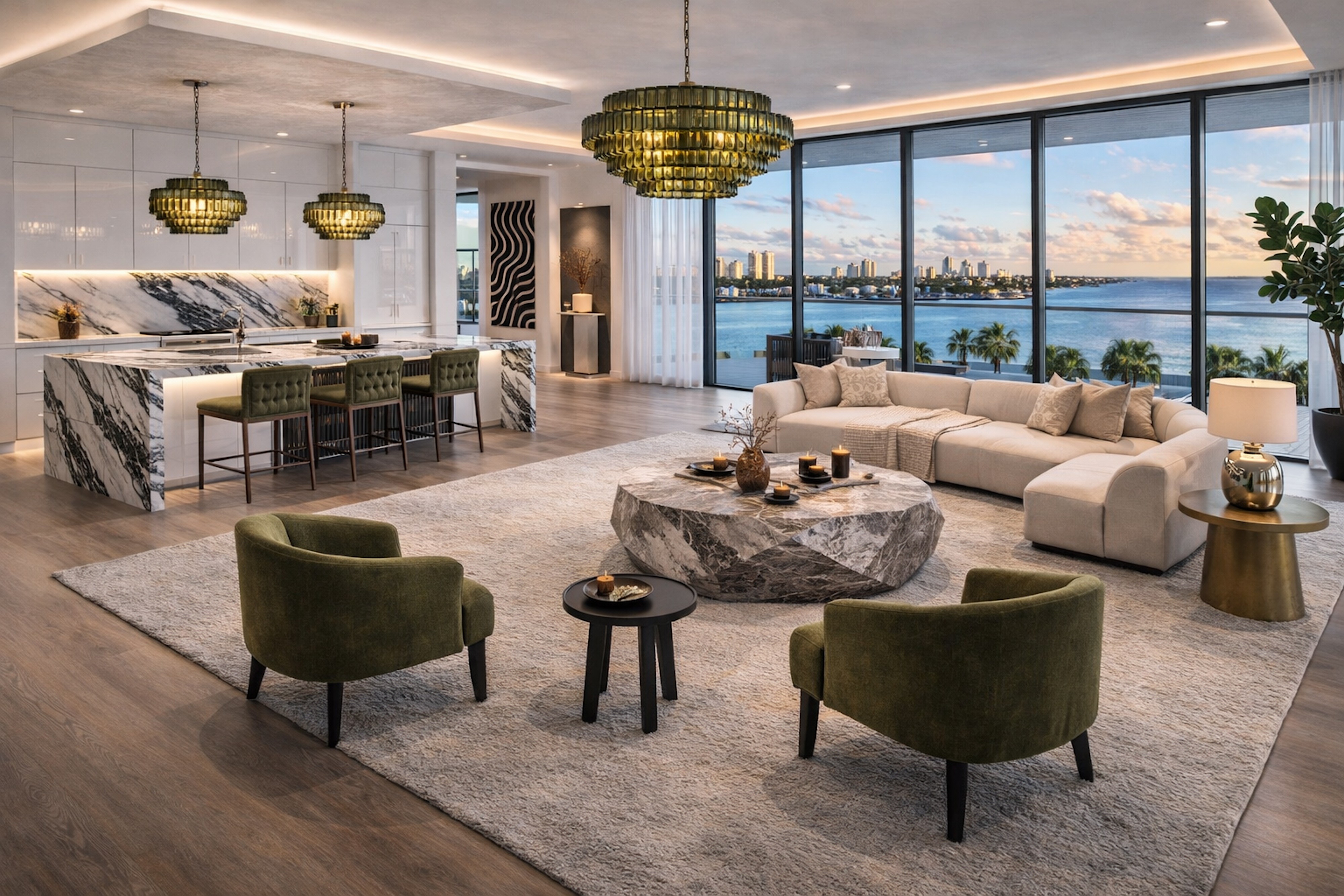 Open-concept luxury living room and kitchen with marble island, sculptural lighting, and sweeping waterfront views.