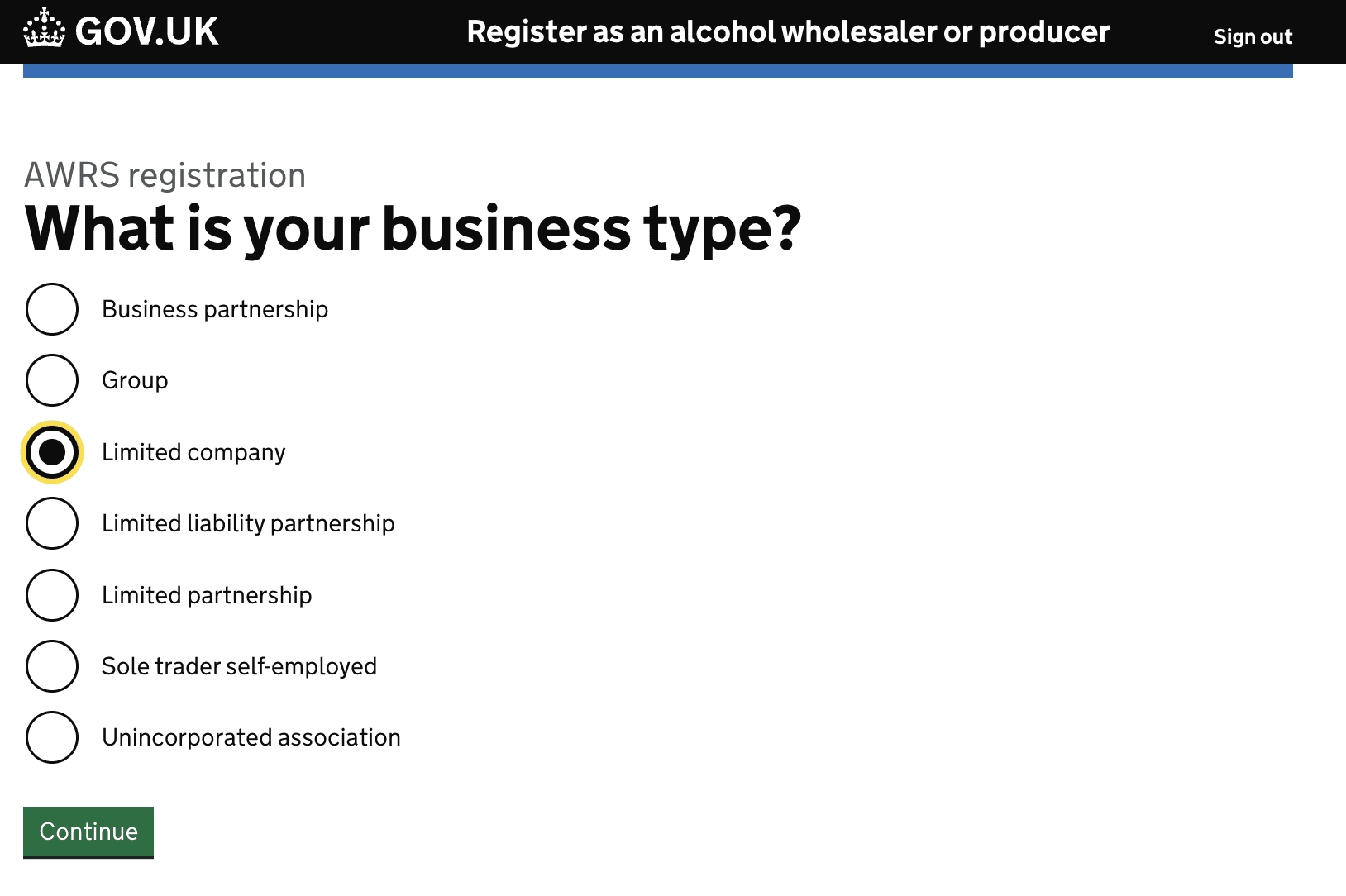 Official GOV.UK form asking about business type during licensing application.