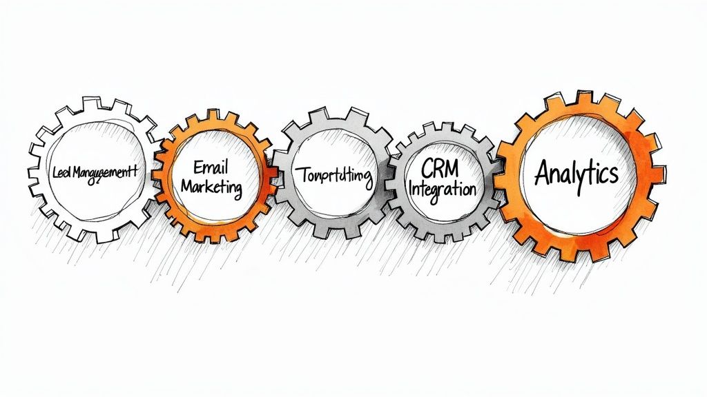 A well-organized toolkit with gears and icons representing different marketing automation components, symbolizing an engine for growth.