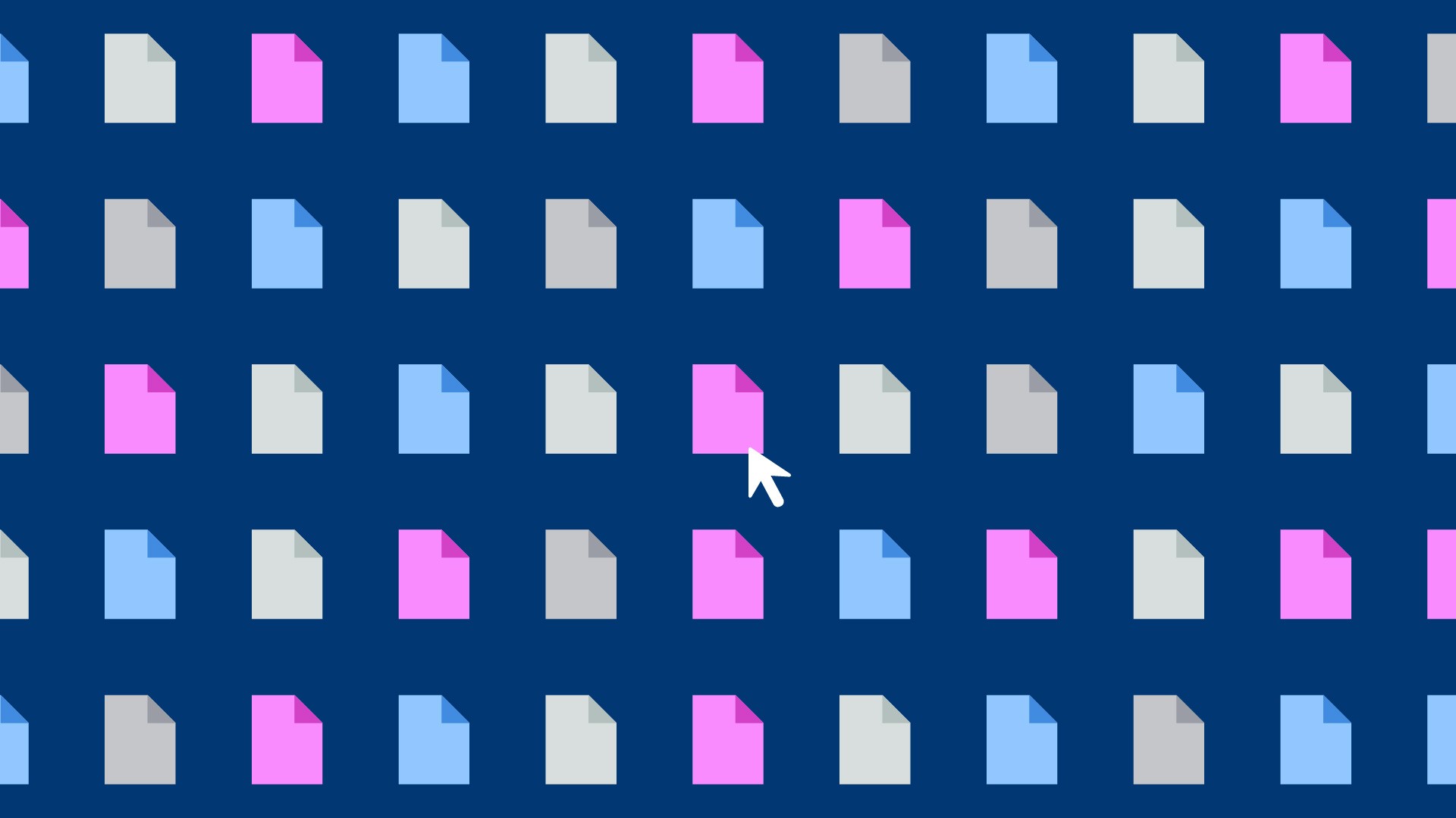 An array of small document icons in different colors with a mouse pointer clicking on the middle one.