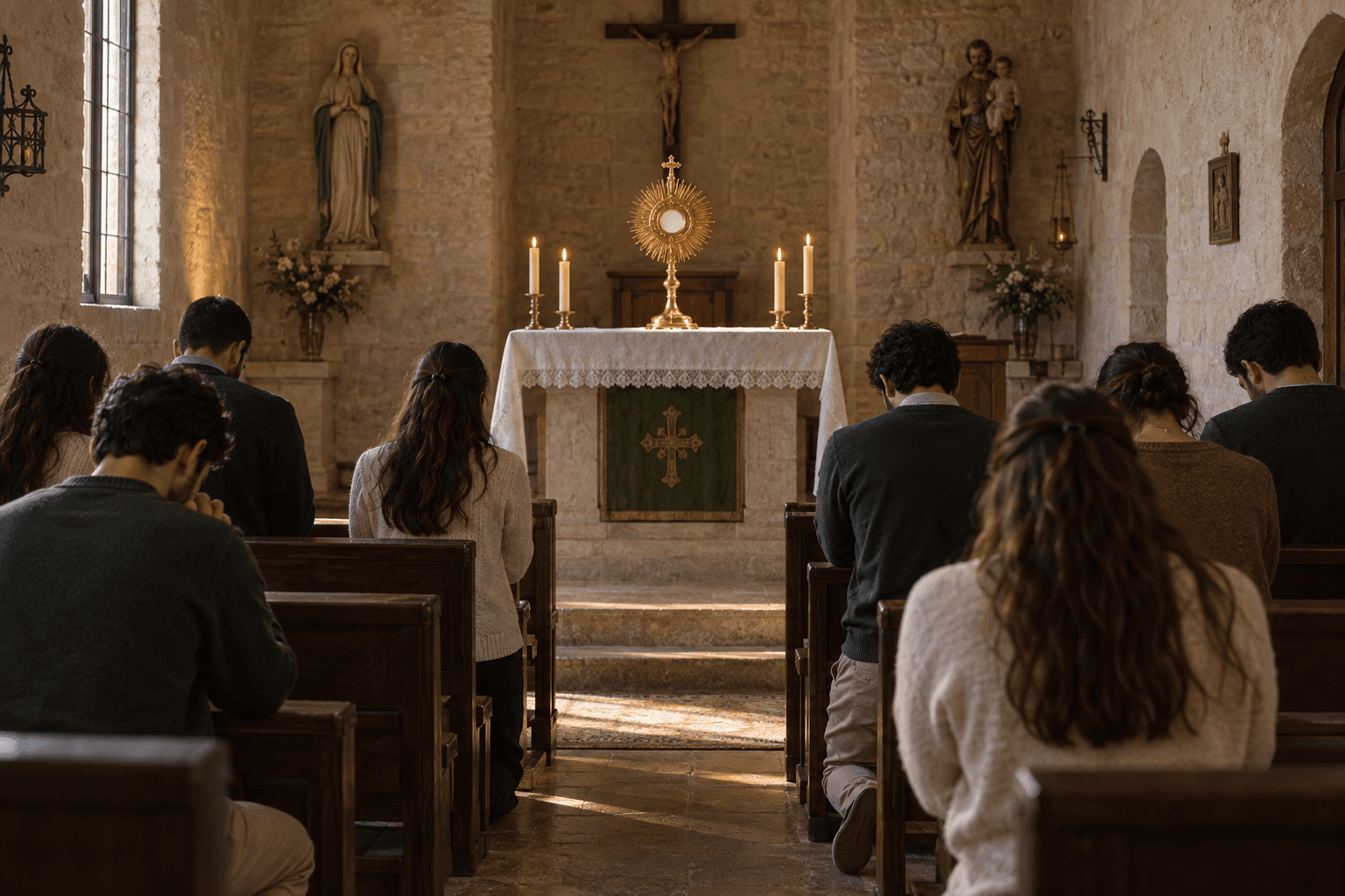 Jóvenes orando ante el Santísimo en la capilla de una casa de retiros