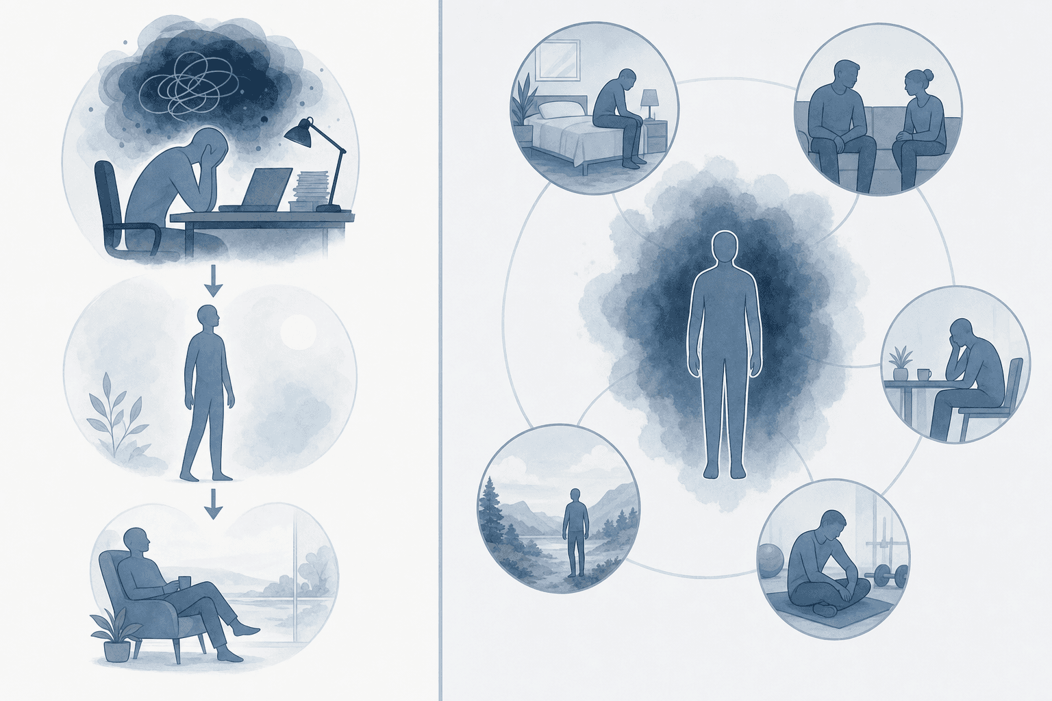 A clean, minimalist illustration showing two distinct pathways or states side by side. On one side, visual elements representing work-related stress and exhaustion tied to a specific source like a desk or workspace, with arrows showing it can lift when removed. On the other side, elements representing a pervasive state that follows across all environments - home, relationships, activities - showing persistence regardless of context. Use calming blues and grays, abstract shapes, and clear visual separation between the two concepts. Medical illustration style, professional, empathetic tone.