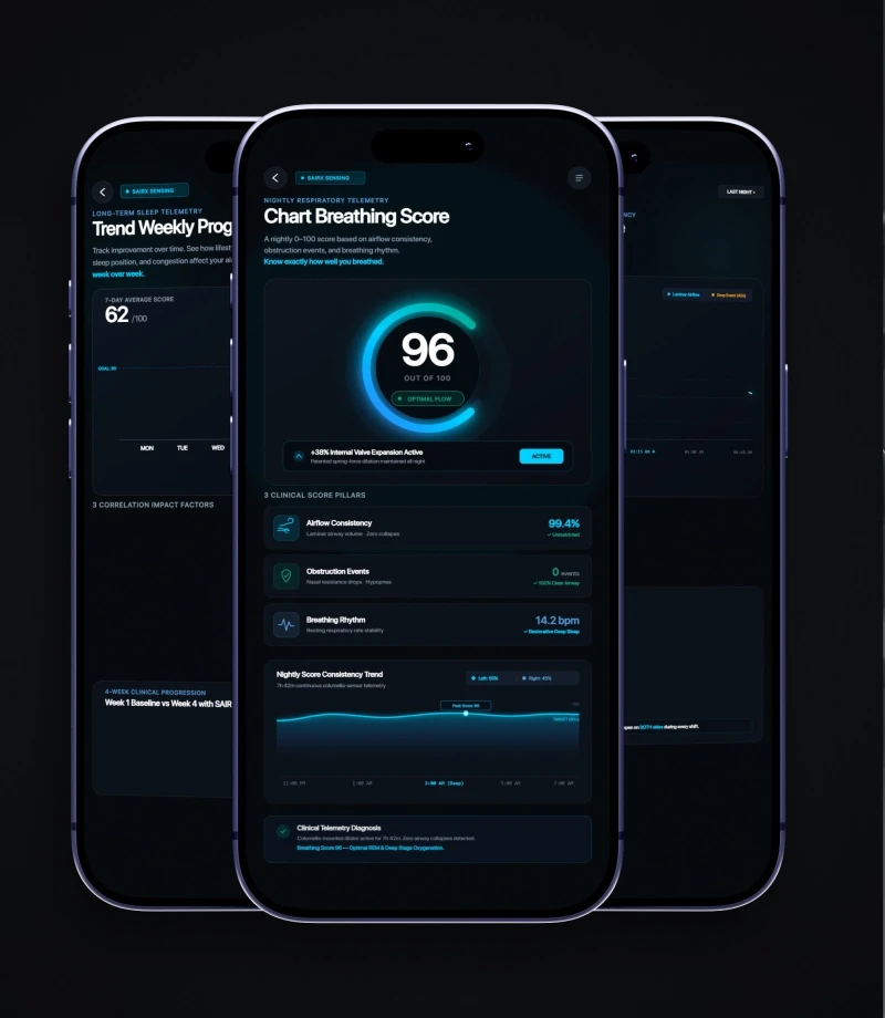 SAIRX companion mobile app interface showing breathing score telemetry on three smartphones, Bulat Visual.