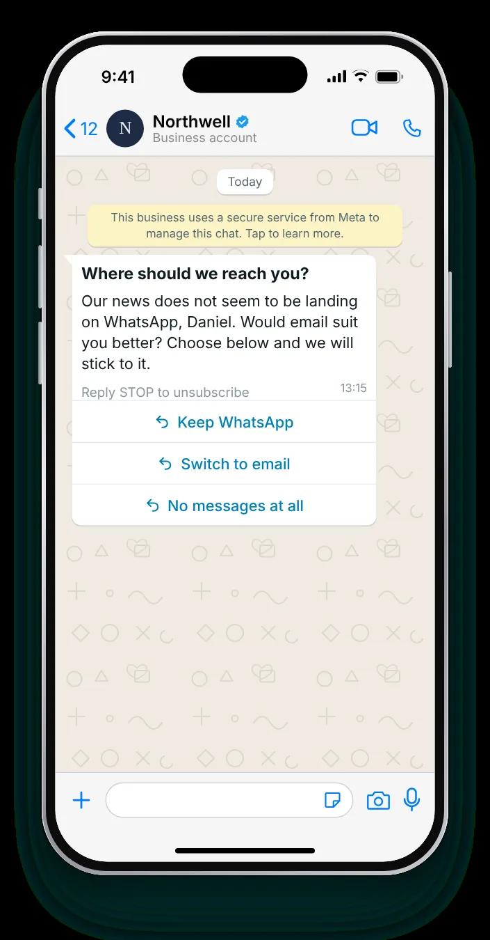 WhatsApp, email or neither: WhatsApp re-engagement message on an iPhone
