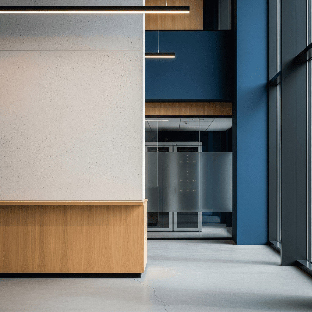 Editorial photograph of a modern, minimalist government building interior, featuring clean lines and natural light. A secure server rack is visible behind a frosted glass wall, subtly hinting at data infrastructure. The color palette is dominated by muted concrete, natural wood, and accents of deep blue #1F3B5B and off-white #F5F2EC. The composition leaves ample negative space in the upper-left third. Aspect ratio 16:9. Photorealistic, no people, no text, no logos.