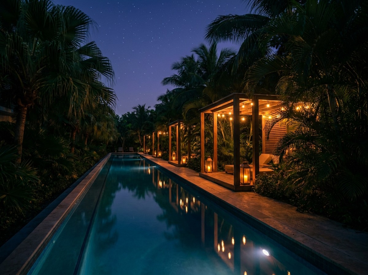 A long, narrow lap pool reflecting a starry navy-blue night sky, bordered by tropical palms and pavilions glowing with warm amber lantern light.