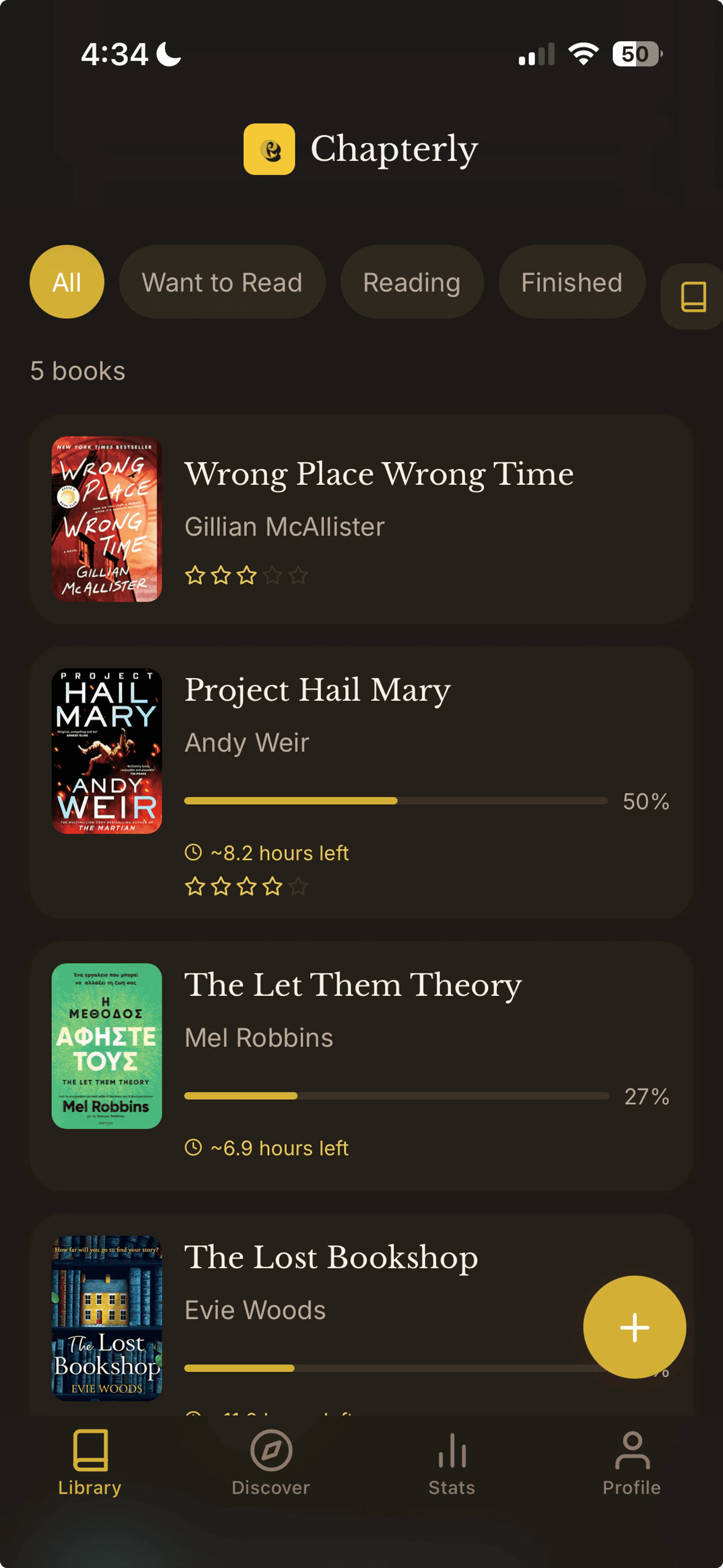 Chapterly Library screen showing an organized list of books with progress bars and star ratings in a sleek dark mode.