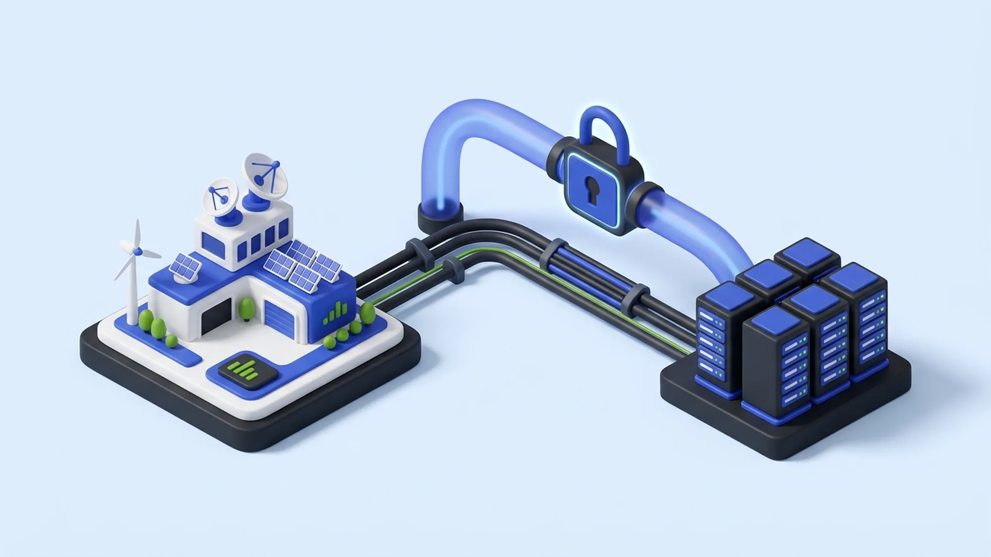3D-illustrasjon av infrastrukturen ved IT-outsourcing: dedikerte linjer og VPN