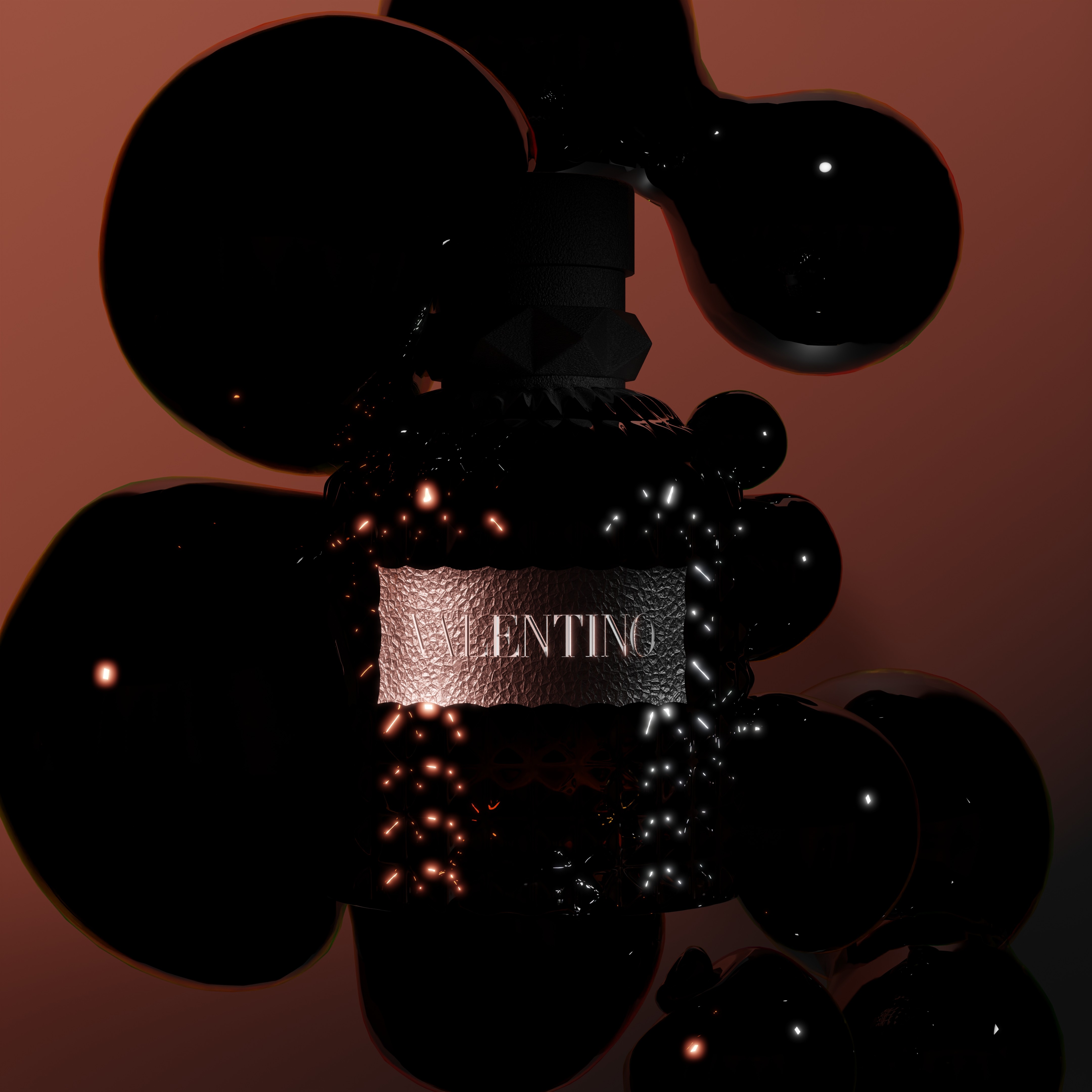 Parfum Valentino noir sur fond rouge avec des bulles savonneuses noires attirées par le produit