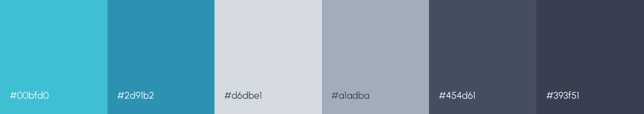 Color palette with six swatches in blue, gray, and dark tones, labeled with hex codes