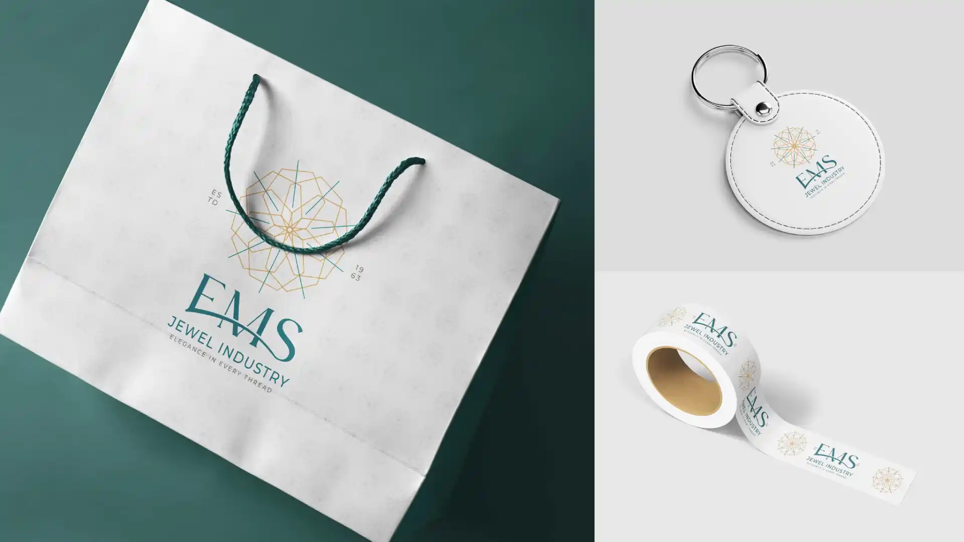 EMS Jewellers branded shopping bag, keychain and packaging tape collateral