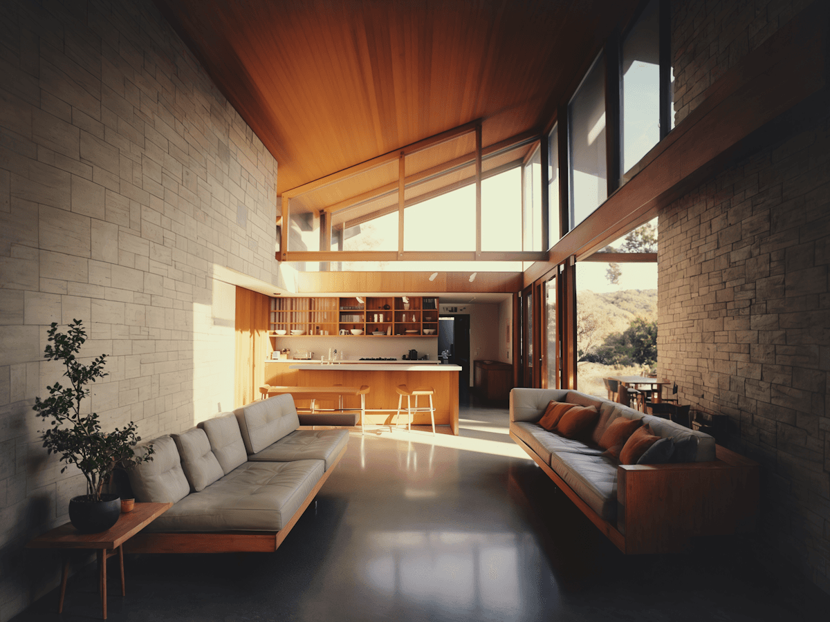 wooden beams, tan leather sectional sofa, brick walls, and floor-to-ceiling windows overlooking outdoor space