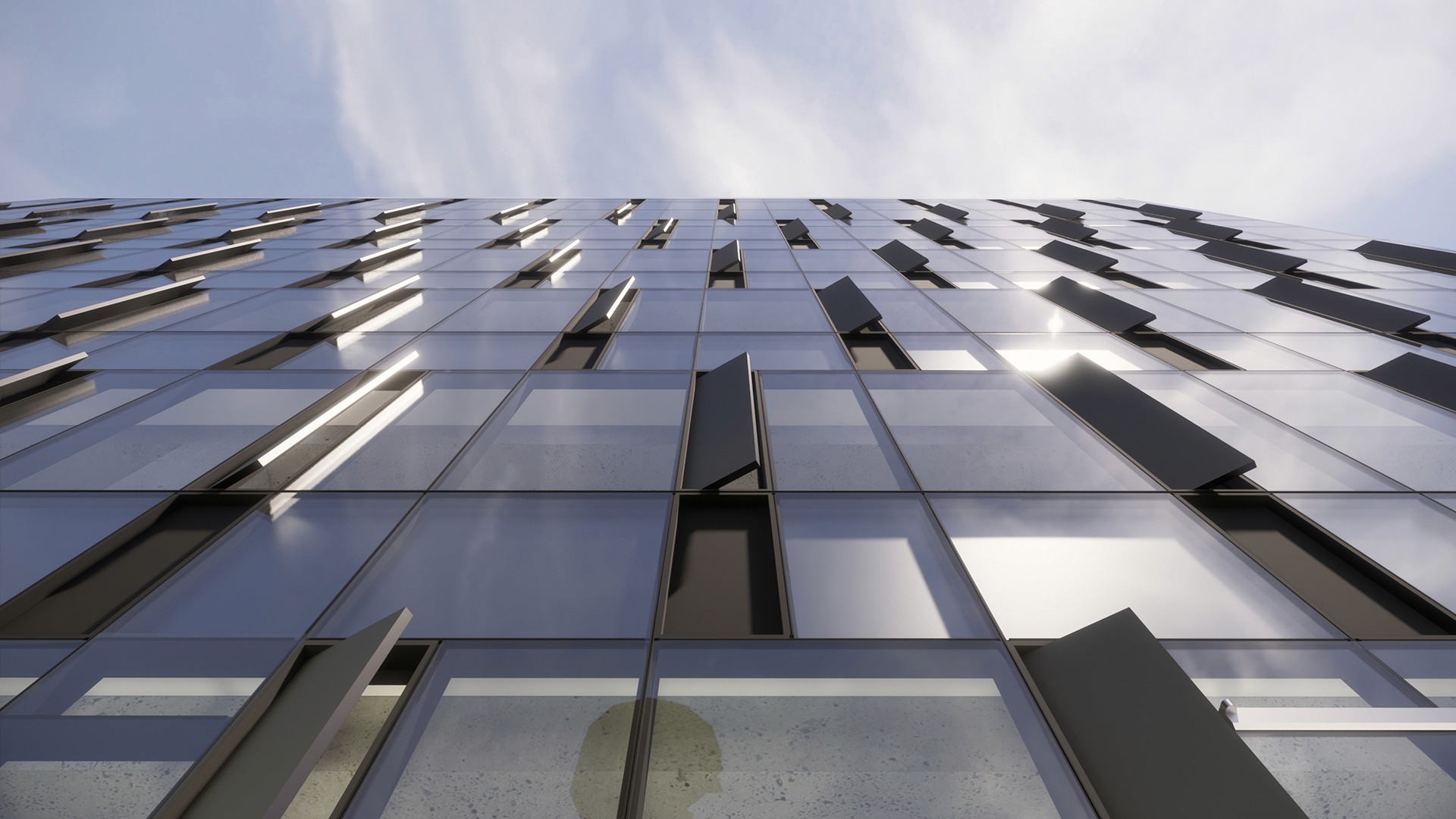 A rendering looking upward at the striking facade, highlighting the interplay of vision glazing and operable windows, set against a backdrop of clear blue sky.