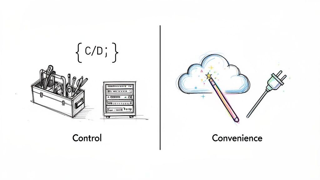A diagram comparing 'Control' with a toolbox and server rack to 'Convenience' with a cloud, magic wand, and plug.