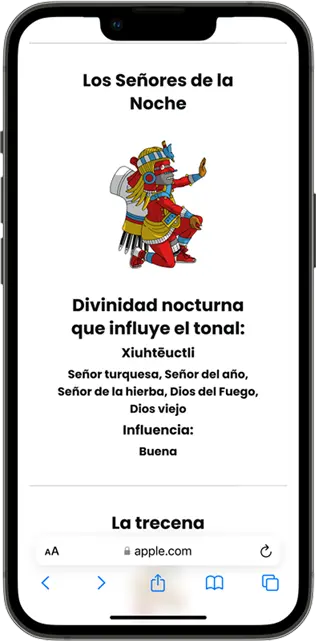 Maqueta de smartphone con la interfaz de Tonalkin; presenta una ilustración detallada de uno de los nueve 'Señores de la Noche' acompañada de un panel informativo que explica su influencia simbólica en el ciclo del día en curso.