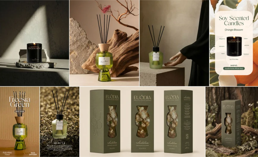 Euodia candle and diffuser campaign with botanical sets, product scenes and social layouts