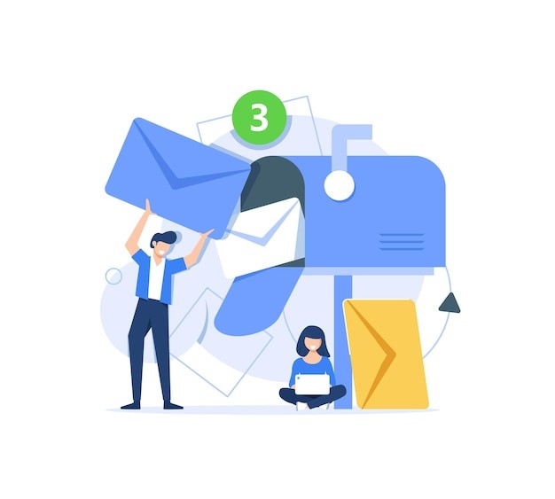Email Marketing Scenes People Characters Using Online Postbox and Sending Advertising Mails