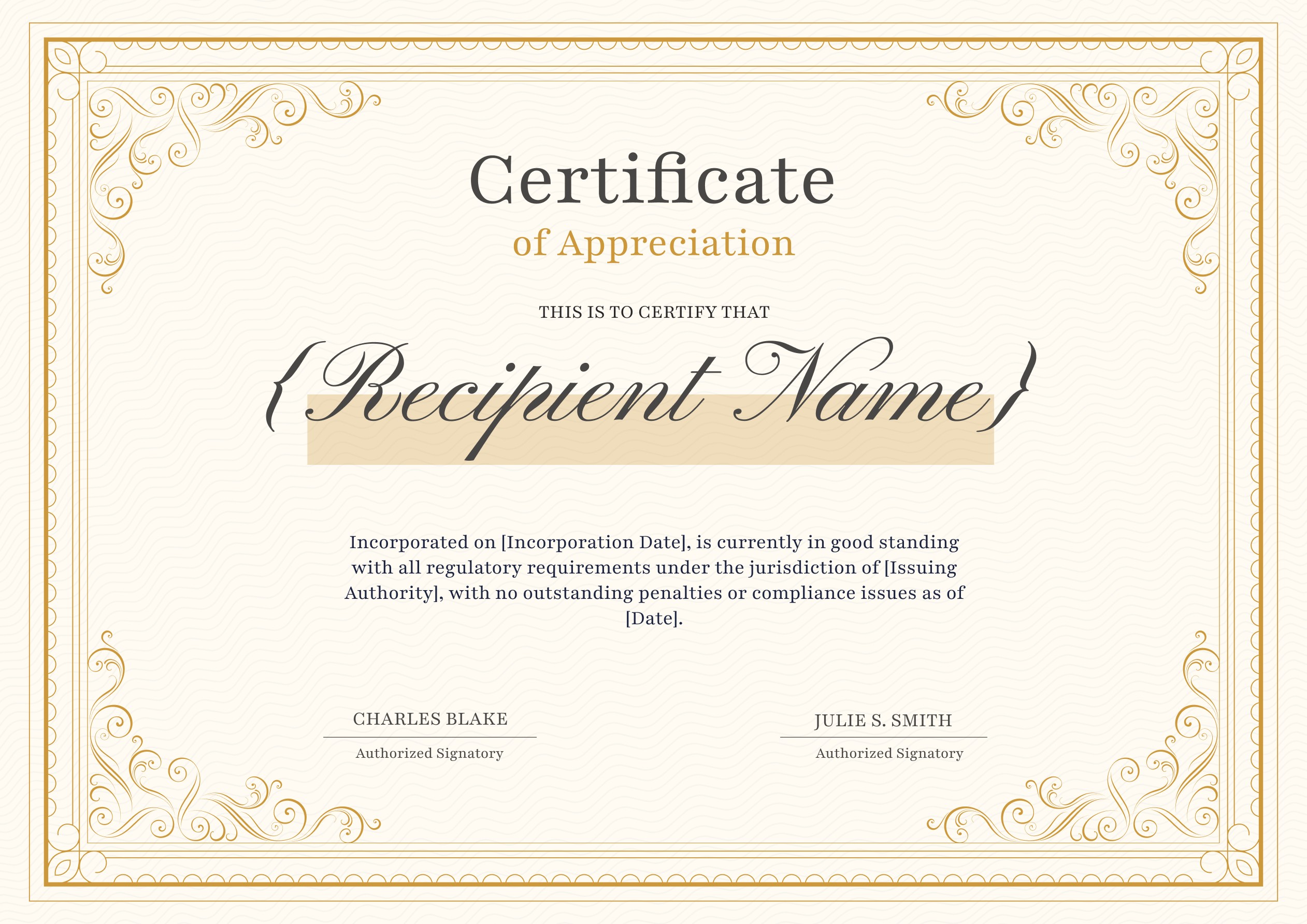Wauld - Prestigious and professional certificate of good standing template
