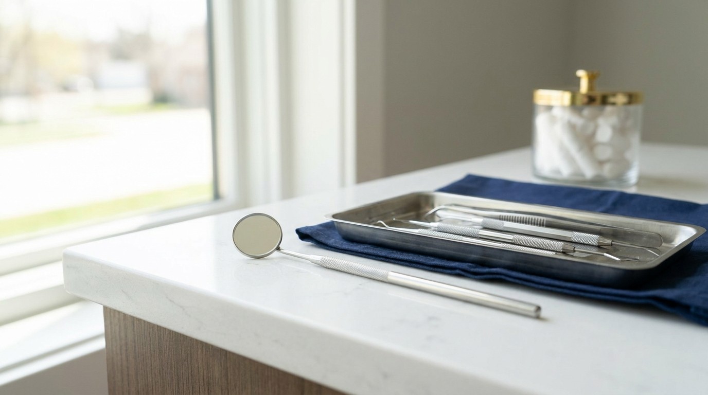 Clean dental instruments laid out on a tray in a bright dental office