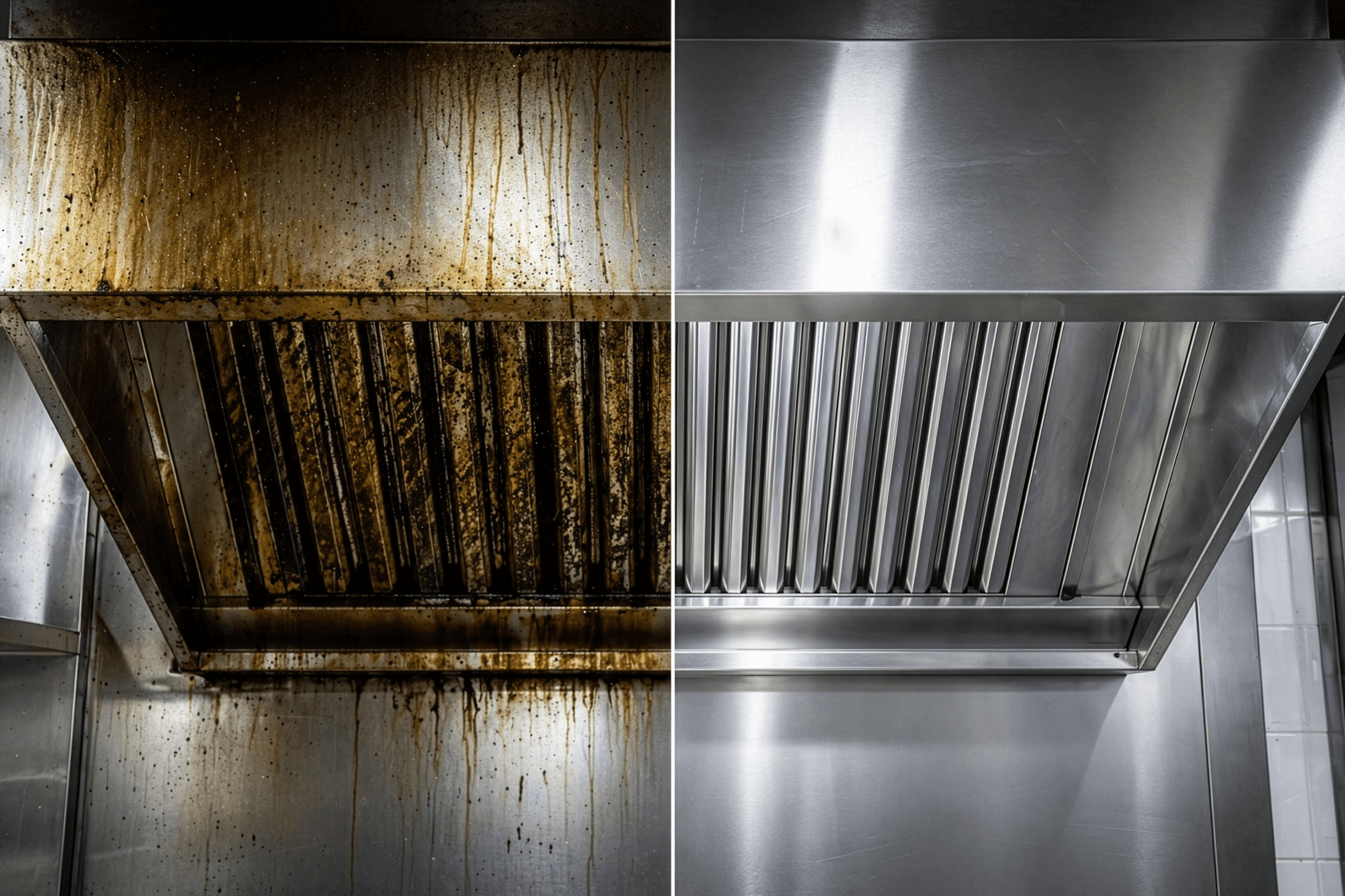 Side by Side comparison of a dirty commercial vent hood vs a clean commerical kitchen vent hood.