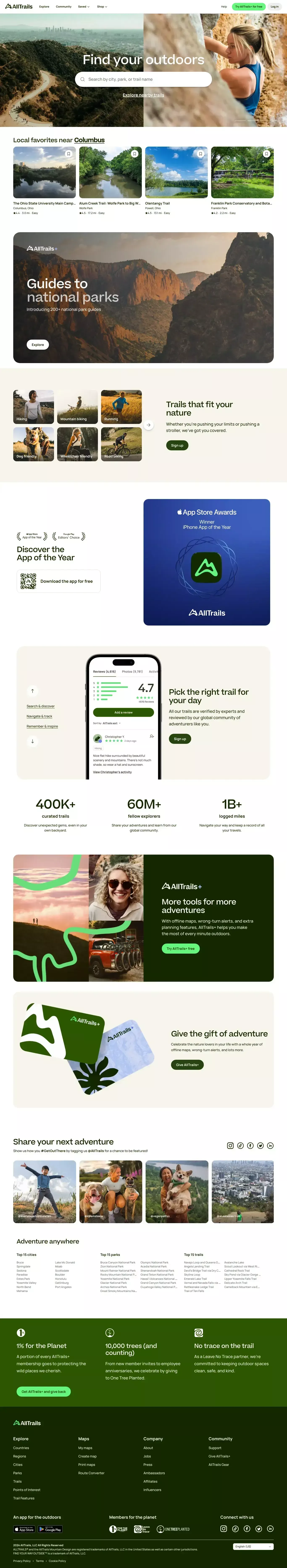 AllTrails: Trail Guides & Maps for Hikin landing page screenshot showcasing Travel and Tech design