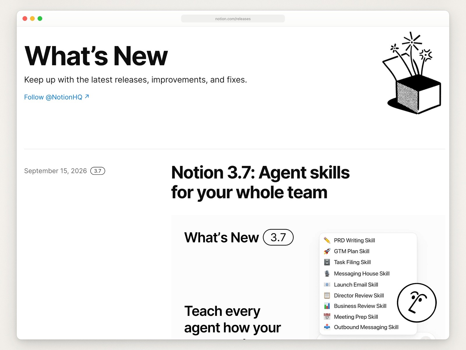 Notion's What's New page with a Follow @NotionHQ link and the release Notion 3.7: Agent skills for your whole team, dated September 15, 2026, opening on a designed card that lists agent skills