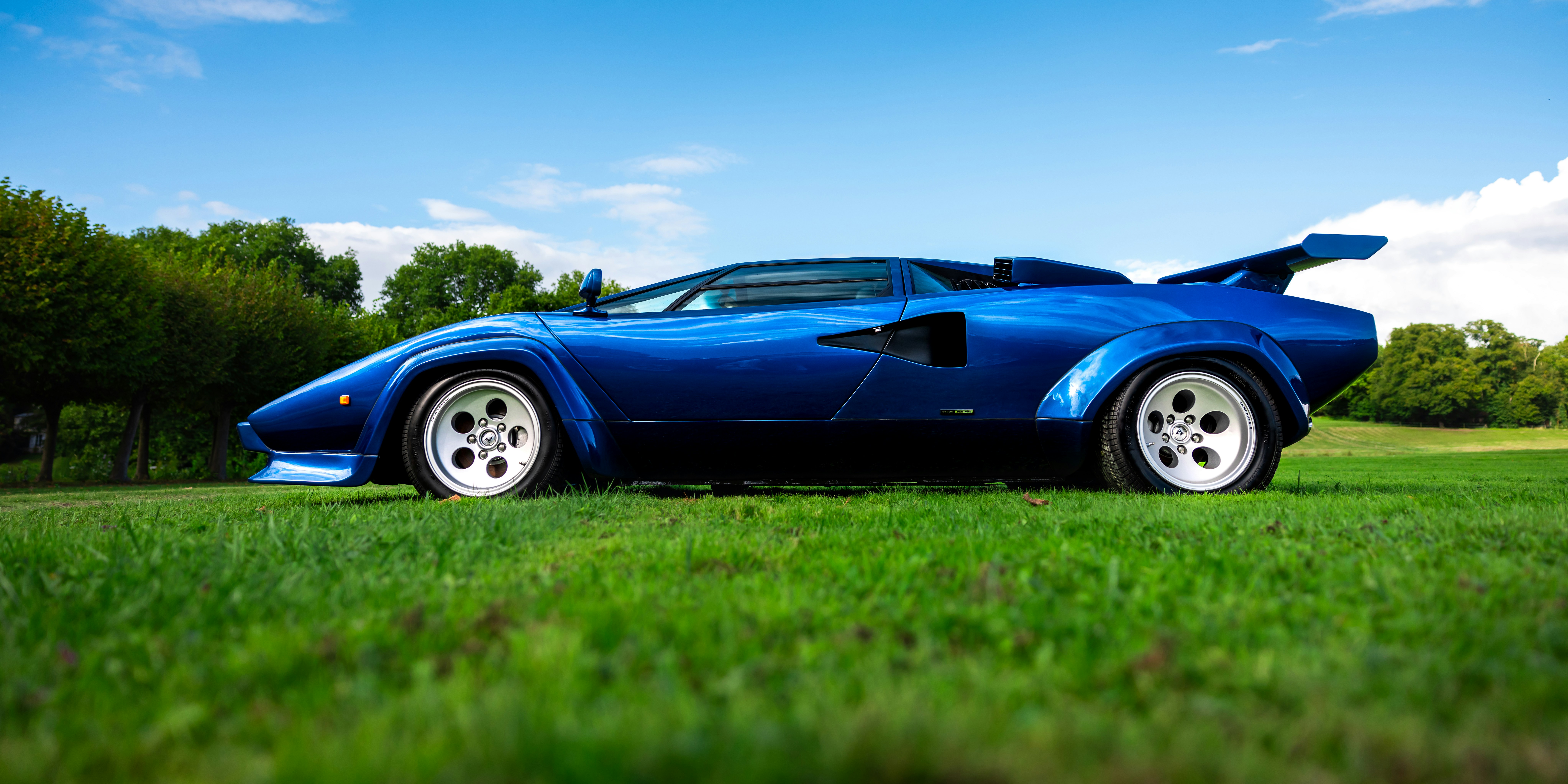 A blue lamborghini countach sits in a grassy field.