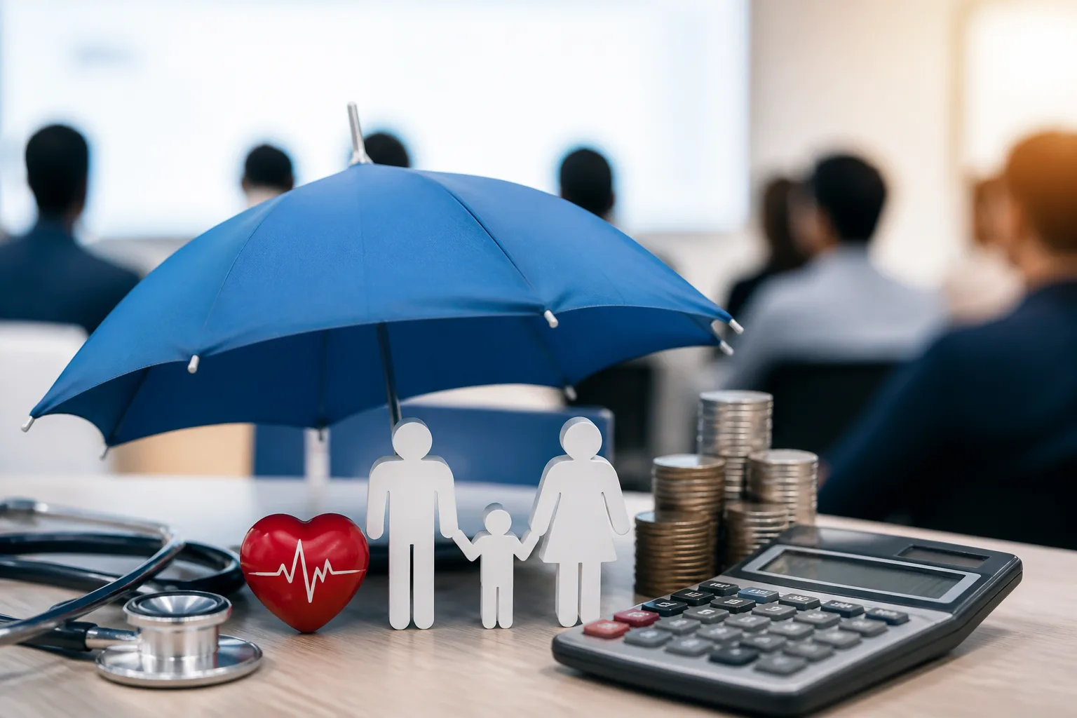 Health Insurance Cost for Employees in Dubai beside an itemised cost breakdown with stacked coins