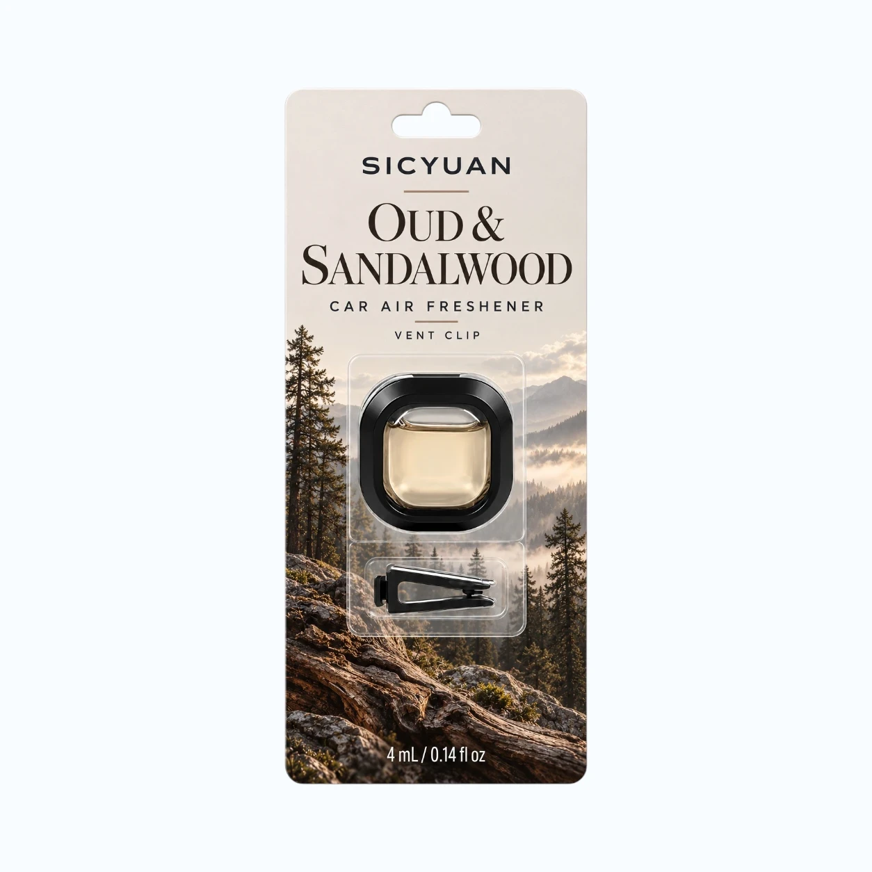 SICYUAN liquid car vent clip air freshener with a black housing and separate vent clip in blister packaging.