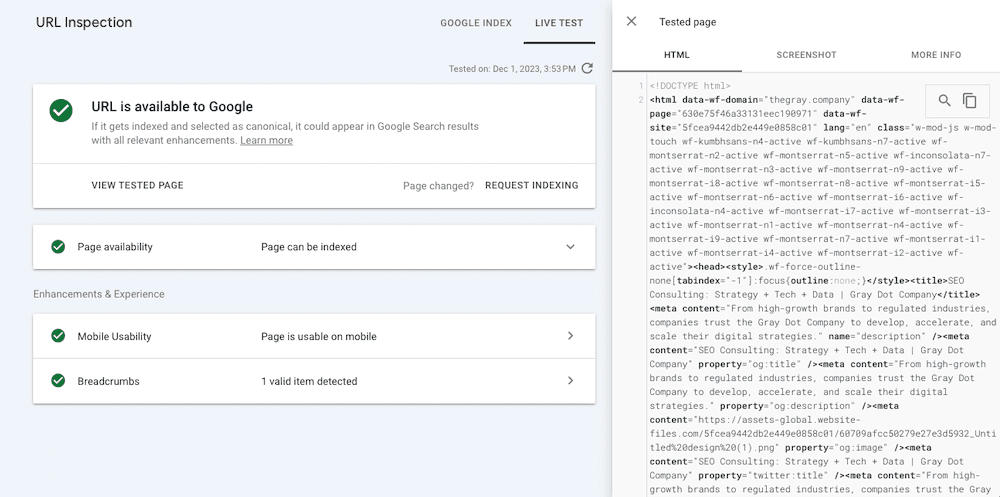 Googlebot-rendered HTML viewed via the Test Live URL tool in GSC