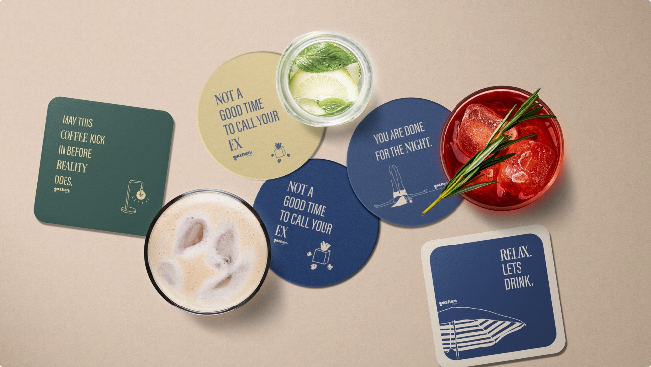 All the coasters designed by Rare Ideas for Gather to go with their iconic cocktail menu.