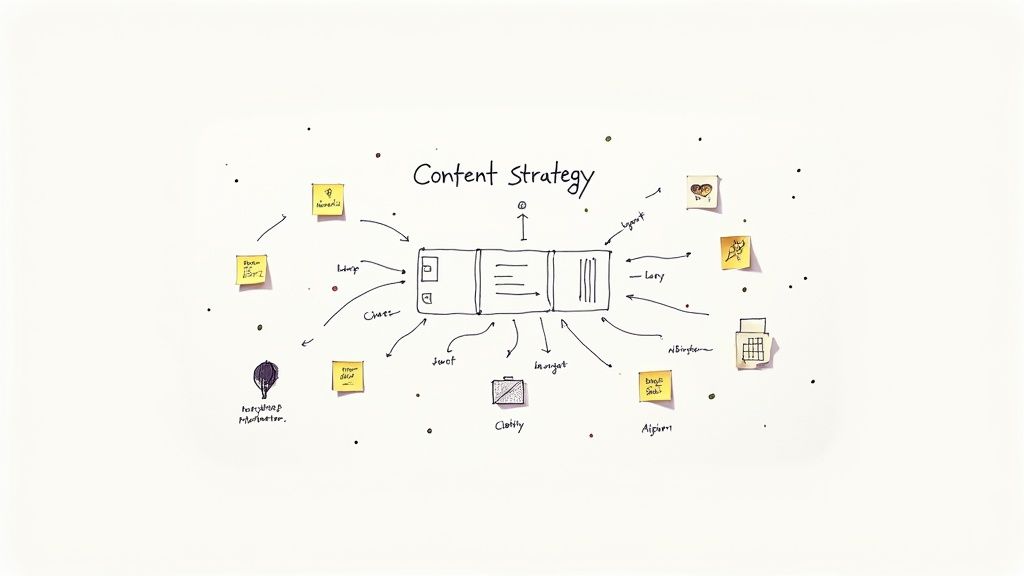 A diagram showing the content marketing cycle: Strategy, Creation, Distribution, and Measurement, all interconnected in a loop.