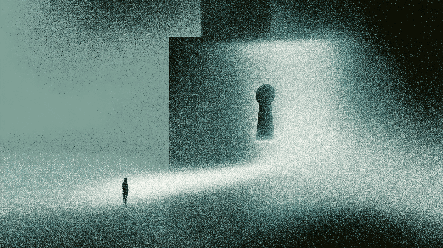Abstract illustration of a person facing a large glowing keyhole, symbolizing voice agent security, privacy, and access control.