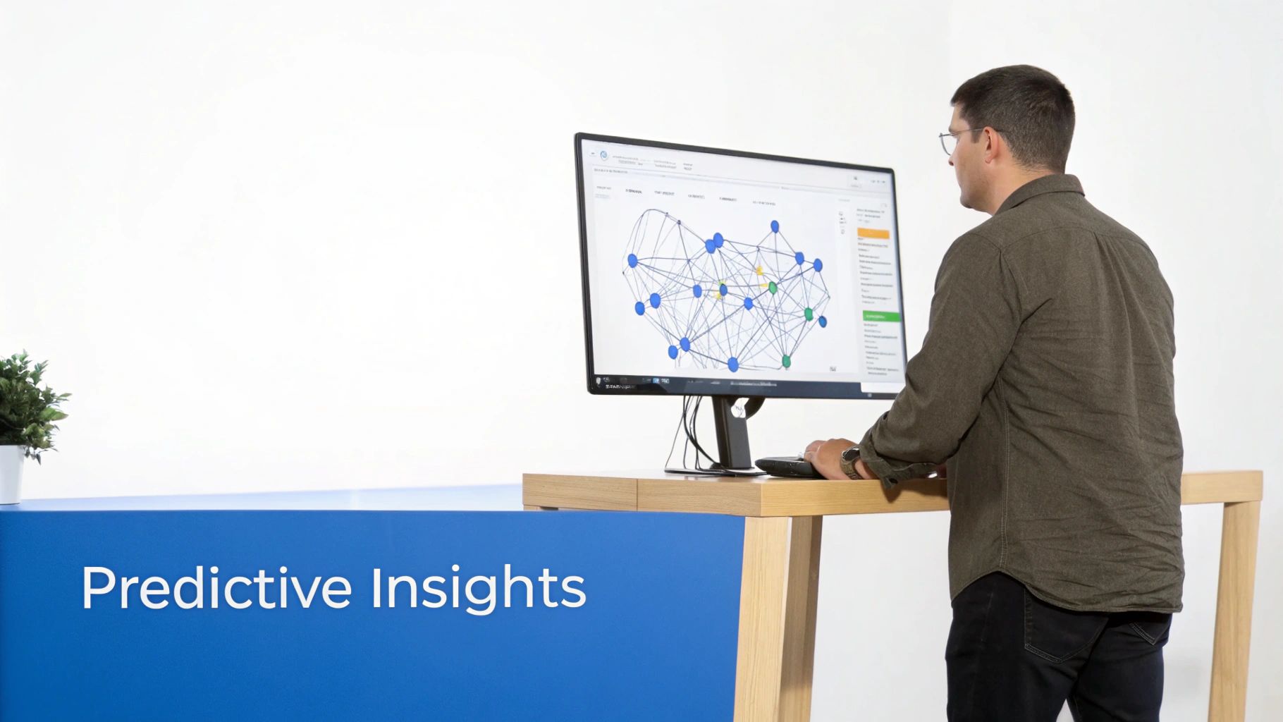 A man views a predictive insights network graph on a monitor at a standing desk.