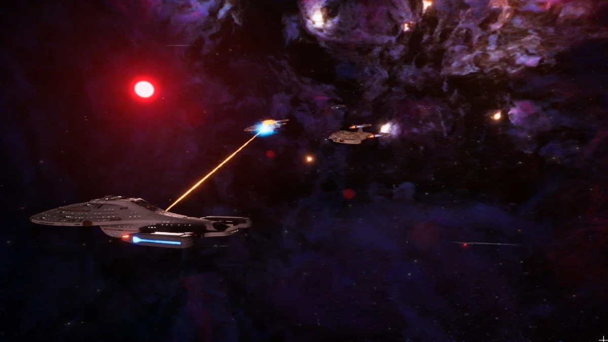 A spaceship fires a bright laser beam at an opposing spaceship in a vivid outer space battle scene, featuring a deep purple nebula and distant stars.