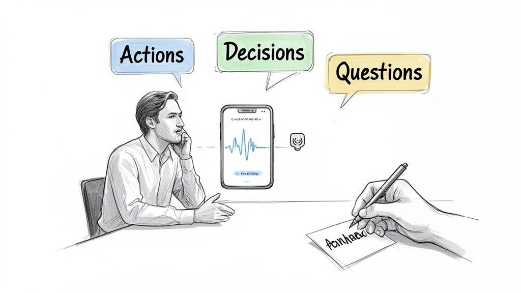 A man contemplates actions, decisions, and questions while a smartphone displays data, and a hand writes notes.